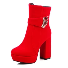 Big Size 32-48 2016 Thick High Heels Women Boots Zip Platform Charming Short Boots Add Fur Thick Heels Fall Winter Women Shoes
