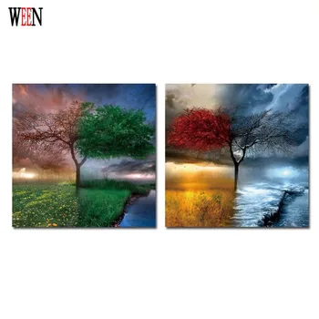 

WEEN Creative Red Tree Wall Pictures Stretched And Framed For Room Gary and Green Tree Canvas Painting cuadros Directly Handed