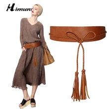 [HIMUNU] женский ремень, модные матерчатые пояса, дизайнерский пояс с кисточками, Воловья кожа, широкие ремни, женский пояс для платья