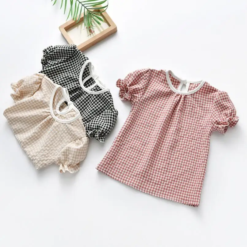 

2019 Summer Cotton Short Sleeve Plaid Top Girl Blouse Kids Shirts Baby Toddler Tops And Blouses Little Girls Shirt JW4407