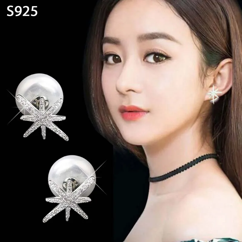 

Genuine Real Pure Solid 925 Sterling Silver Stud Earrings for Women Jewelry Double Side Shell Pearl Cubic Zircon Female Earrings