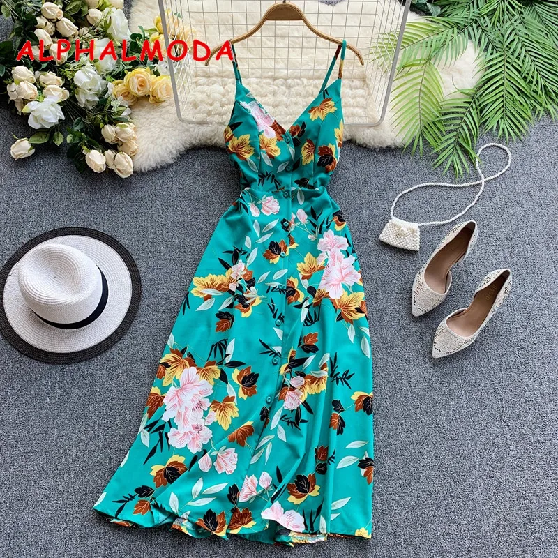 

ALPHALMODA Holiday Resort Beach Dress V-neck Dew Back Cross Sling High Waist Chiffon Floral Printed Women Summer Mid-calf Dress
