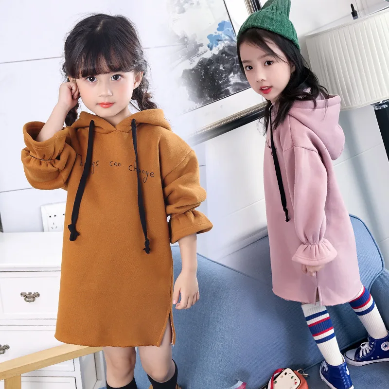 Teenage Girls Dress Winter Long Sleeve Hoodies Thick Warm Letter Dresses for big Girls Children's Clothing Kids Clothes