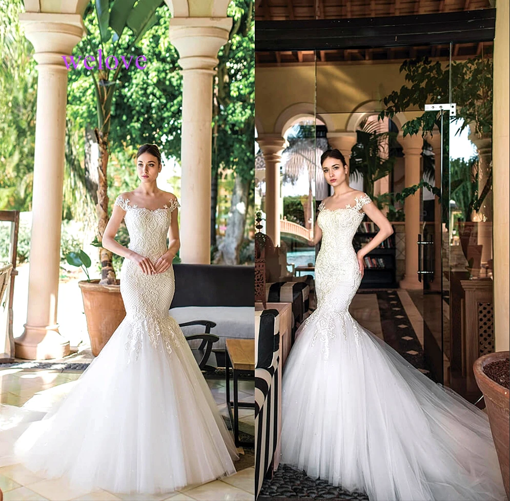 

Illusion Sexy Mermaid Train Wedding Dress 2019 New Style Korean Lace Appliques Sequined Fishtail Bride Princess estidos de noiva