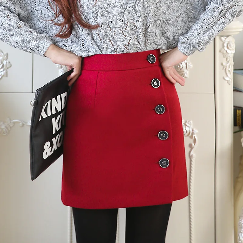 2016 recién llegado de lana falda de cintura mujeres otoño invierno botones lápiz faldas moda espesar Mini Saia D1802|Faldas| AliExpress