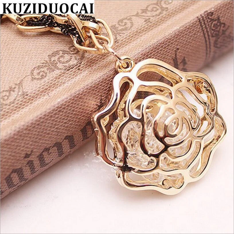 

Jewelry Fashion Crystal Zircon Pierced Rose Dazzling Gold Color Sweater Chain Necklaces & Pendants For Women N-22
