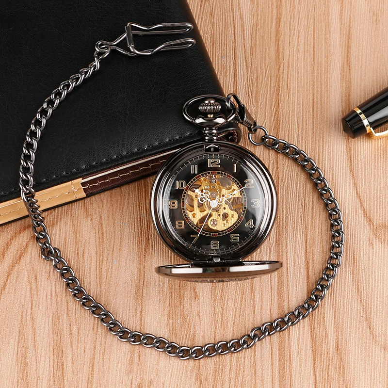 Vintage Luxury Black Metal Mechanical Pocket Watch Smooth Steampunk Hand Winding Clock Set with Gifts Box Bags Leather Pin Chain 2018 (15)