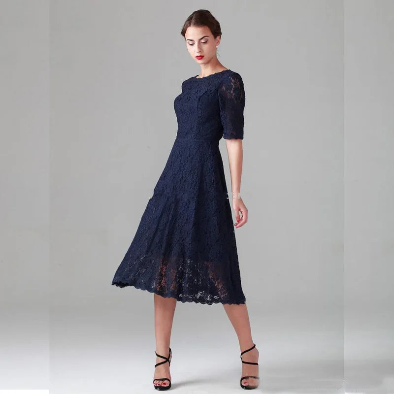 Navy Blue Mother Of The Groom Dress 2016 Navy Blue Lace Mother of the Bride Dresses Vintage Half Sleeve Tea