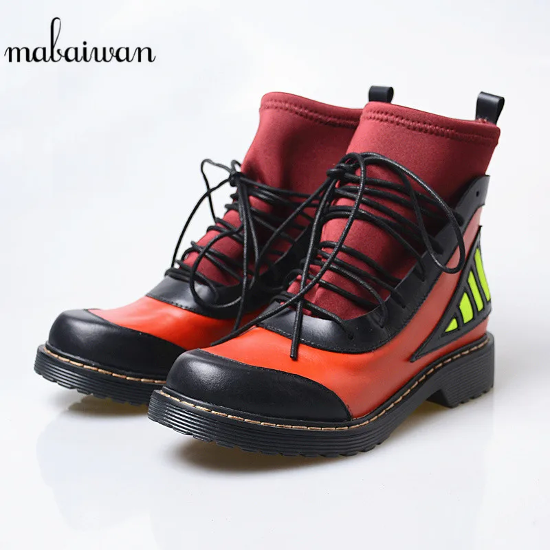

Mabaiwan Casual Women Shoes Winter Autumn Ankle Boots Black Genuine Leather Lace Up Shoes Woman Motorcycle Stretch Fabric Boots