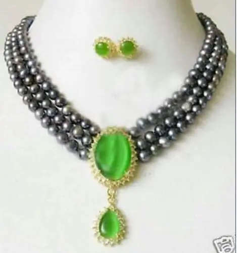 

shipping3 Rows Black Pearl & Green Jade pendant Necklace (A0516)