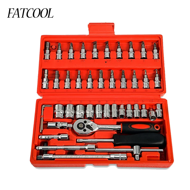 FATCOOL 46 шт. 1/4-дюймовая розетка трещотка гаечный ключ комбинированный набор инструментов для технического обслуживания и ремонта транспортных средств