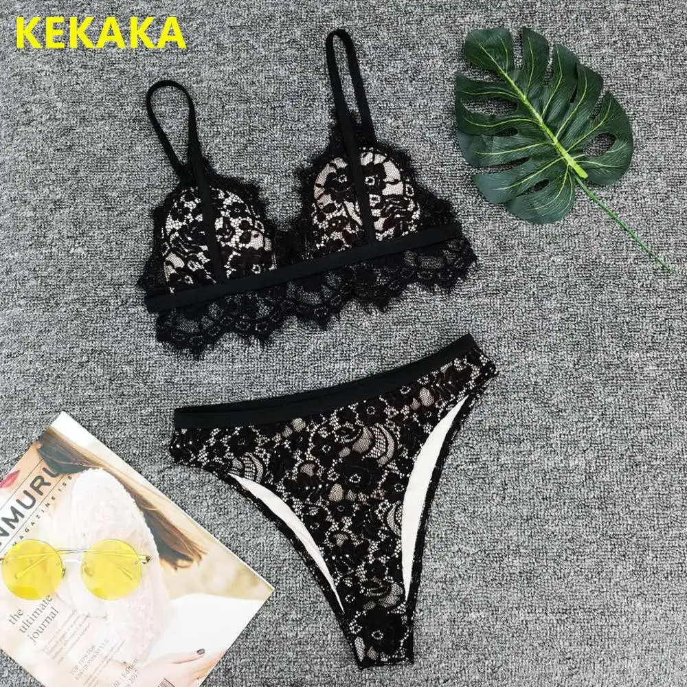 

Sexy Black Lace Crochet Bikini 2019 Mujer Padded Push Up High Waist Swimsuit Brazilian Swimwear Women High Cut Bathing Beachwear