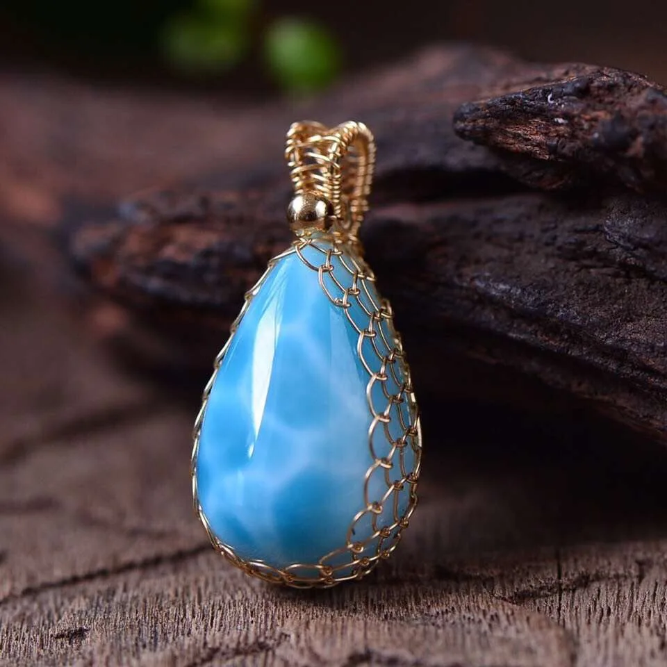 

Natural Blue Larimar Gemstone Pendant Necklace Chain From Dominica 21x13.8x10mm Beads Water Pattern Crystal Pendant AAAAA