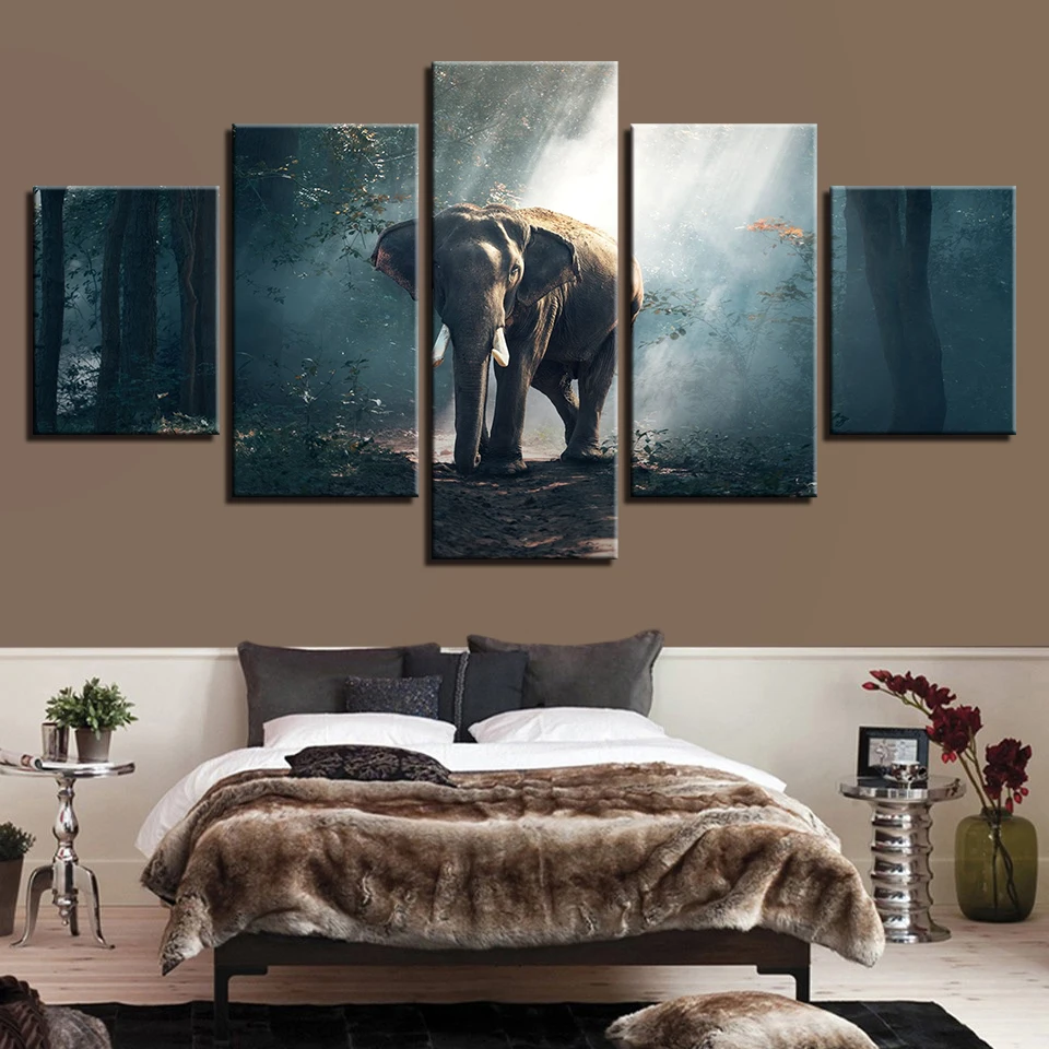 

Modern Printed HD Living Room Canvas Pictures 5 Panel Elephants Landscape Wall Art Poster Modular Home Decor Frameworks Painting