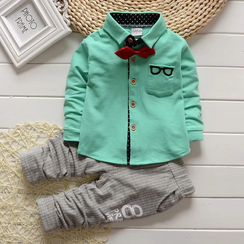 Новая модная детская одежда весенне-осенние комплекты для маленьких мальчиков детские спортивные костюмы с длинными рукавами футболка с галстуком-бабочкой+ штаны Одежда для мальчиков - Цвет: AX010 Green