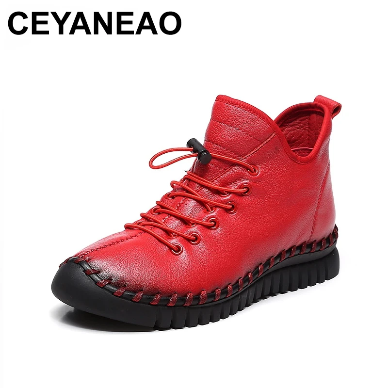 

CEYANEAO New Women Genuine Leather Boots Vintage Style Flat Booties Soft Cowhide Women's Shoes Lace-up Ankle Boots zapatos mujer