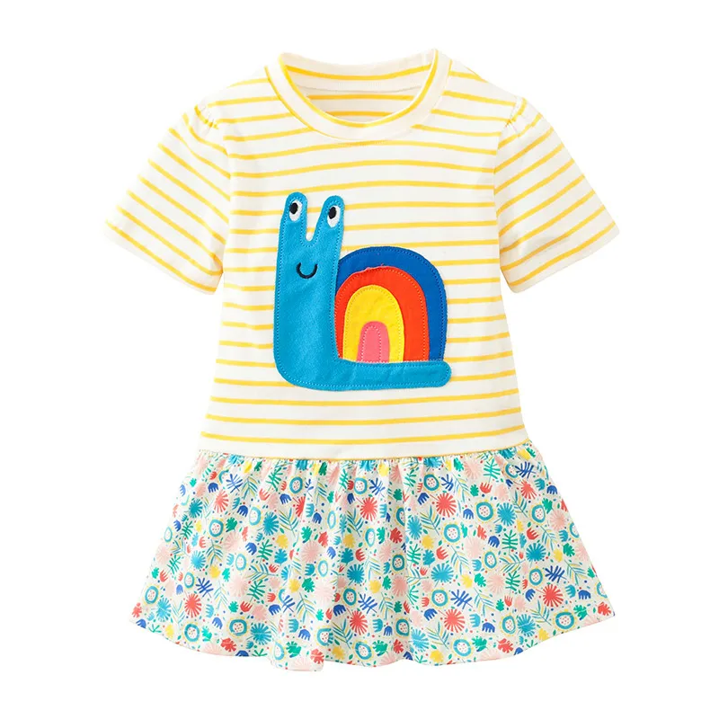 

Little Maven New Summer Kids Clothing Yellow Striped Applique Snail Printed Short O-neck Knitted 1-6yrs Cotton Girls Dresses