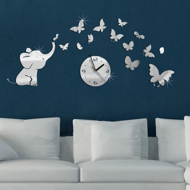 creative diy 3d elephant butterfly decorative mirror wall clocks