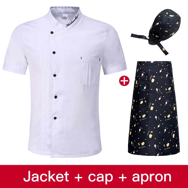 Новая еда обслуживание унисекс Ресторан форма шеф-повара рубашка короткий рукав шеф-повара куртка+ Кепка+ фартук рабочая одежда для мужчин оптом - Цвет: jacket cap apron
