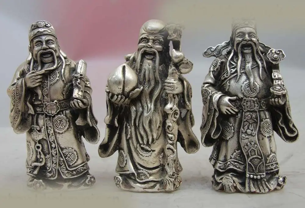 

6" China Tibet Silver Buddhism Ruyi Blessing Fu Lu Shou God Buddha set Statue