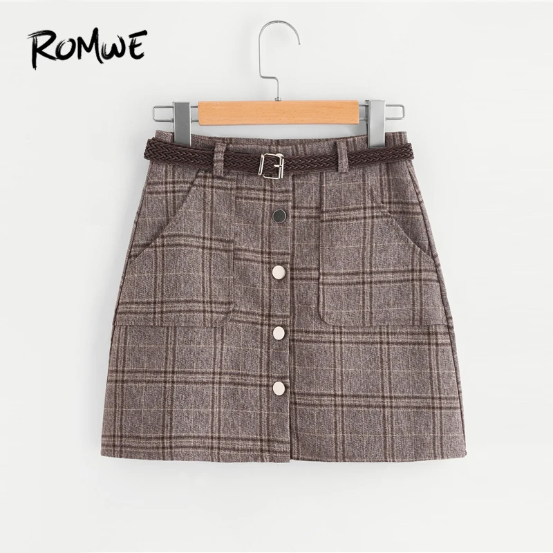 

ROMWE Brown Single Breasted Checked Skirt With Belt Summer Mid Waist Spring Autumn Female Above Knee Short Fit And Flare Skirt