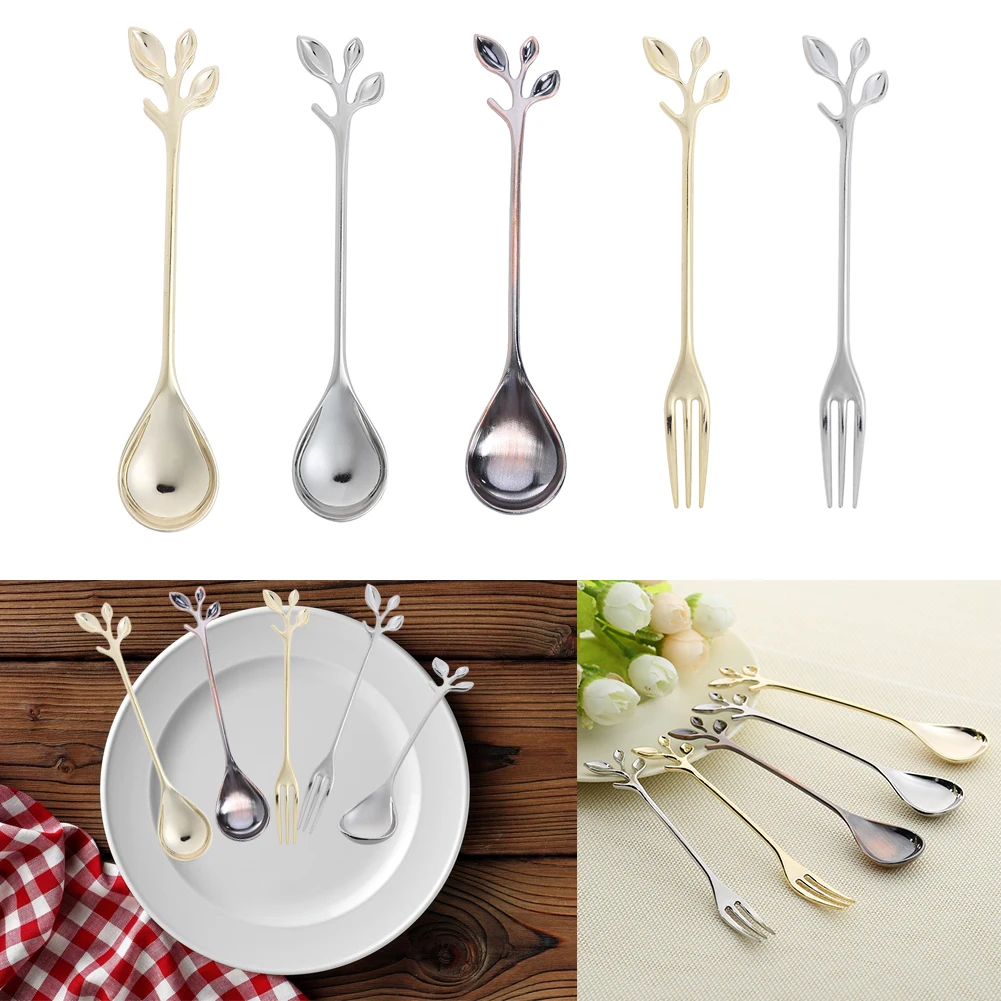 

Gold Silver Leaf Shape Coffee Spoon Teaspoon Dessert Fork Dining Room Bar Cutlery Kitchen Accessories Tableware