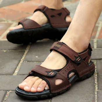 

2019 men sandals summer genuine leather non-slip beach shoes men cow leather sandals good quality plus size