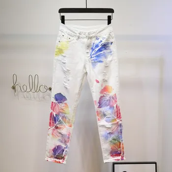 

Hole Irregular Print Jeans Women Loose White Pants Personality Painted High Waist Harem Pants