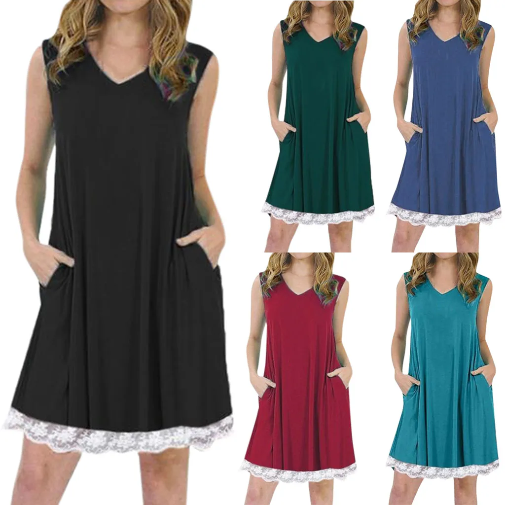 Women Dress 2020 Women V-Neck Sleeveless Spaghetti Strap  Lace Patchwork Plain Shift Dress Party Dress Vestidos Plus Size