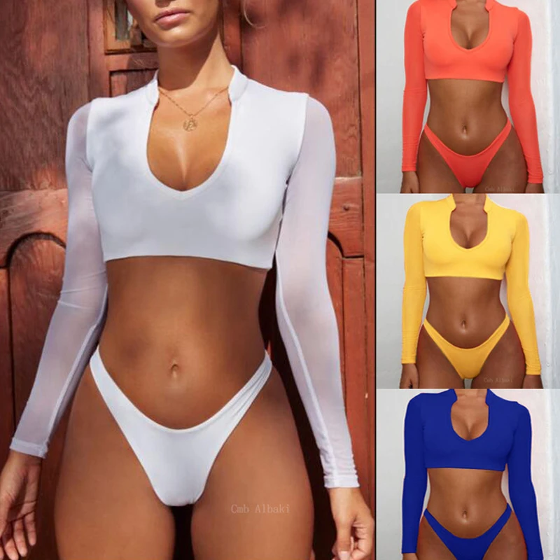 

Women Swimsuit 2019 Yellow Bikini Long Sleeve Sports Swimwear Bath Tights Woman Top Lace Biquini Push Up Swimming Suit For Women