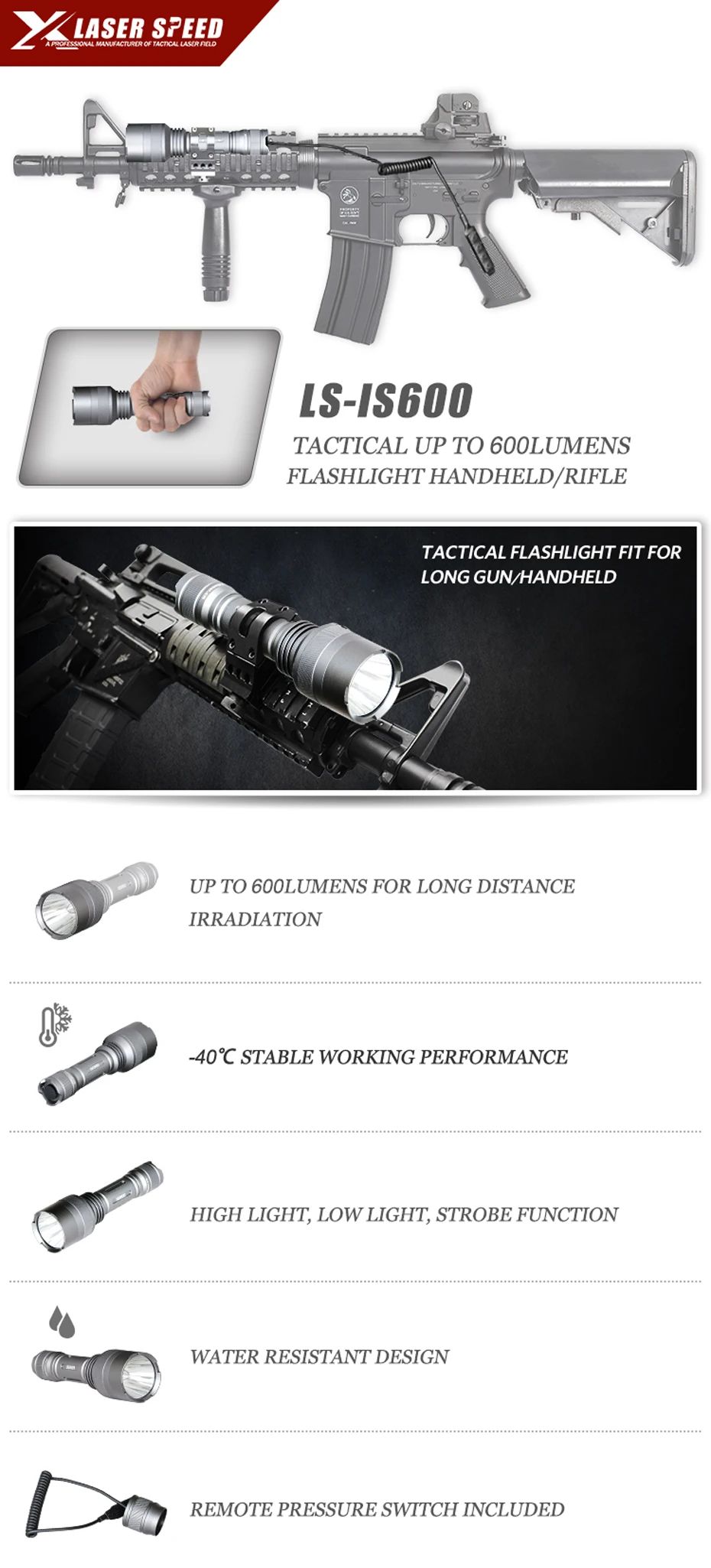 Laserspeed 600 люмен светодиодный тактический фонарь высокий свет/низкий свет/функция мигания пикатинная рельсовая Охота оружие Свет