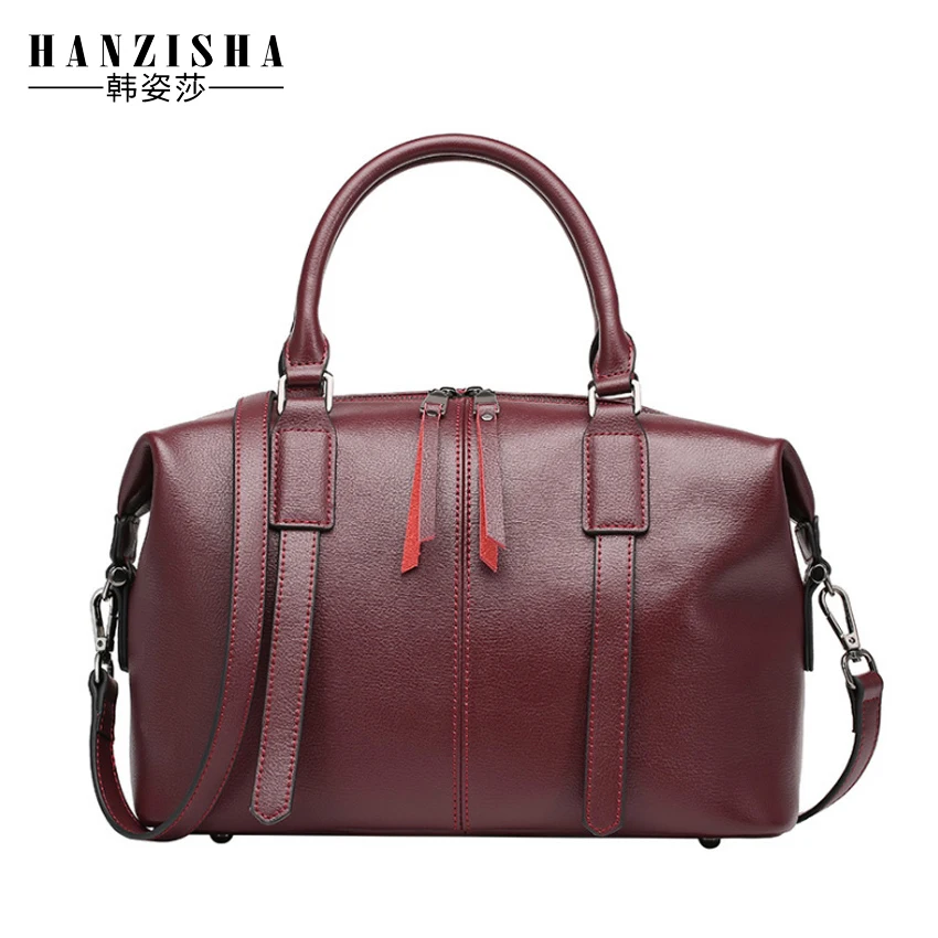 

2018 Genuine Leather Women Boston Bag New European Boston Handbag Solid Color Cowhide Leather Women Messenger Bag sac a main