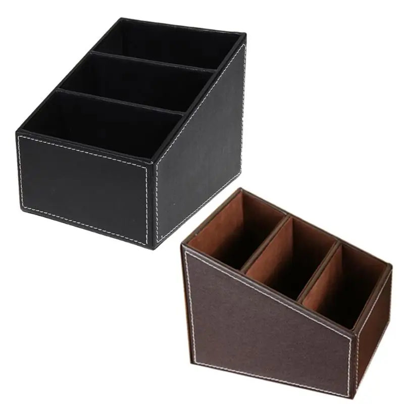 

Brown/Black 3 Cells PU Leather Desktop Organizer Stationery Pencils Storage Box Case Makeup Cosmetic Organizer Desk Decor