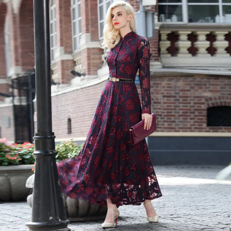 2018 Nieuwe Vintage Vrouwen Jurken Winter Thicken Lange Kanten Jurk Vrouwelijke Plus Size Vrouwen Kleding 4XL Maxi Jurk Gewaad F11049