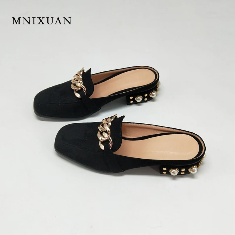

MNIXUAN Fashion new shoes mules women pumps handmade flock square toe thick medium heels 3cm with pearls slip on big size 34-43
