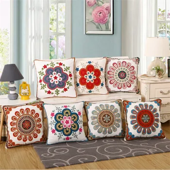 

18" High Quality Flower Embroidery Cotton Car Sofa Cushion Cover Decorative Throw Pillow Case Home Decor