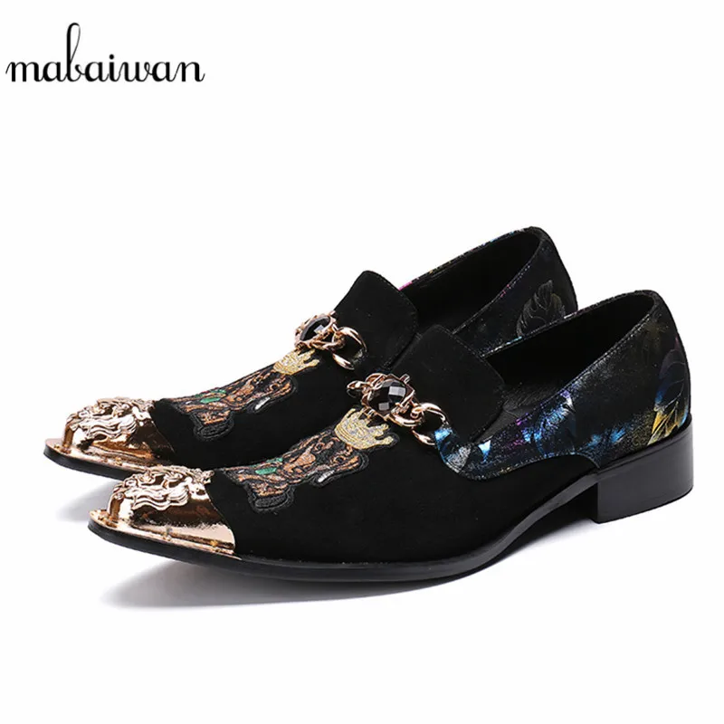 Mabaiwan Casual Men Shoes Loafers Dog Embroidery Metal Pointed Toe Dress Shoes Men New Mixed Colors Handmade Black Leather Flats