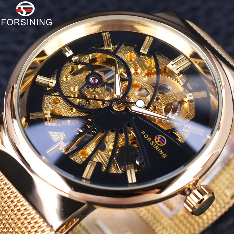Часы Forsining+ Набор браслетов, ультра-тонкий чехол, нейтральный дизайн, водонепроницаемые мужские часы, роскошные механические часы с скелетом - Цвет: Black Golden