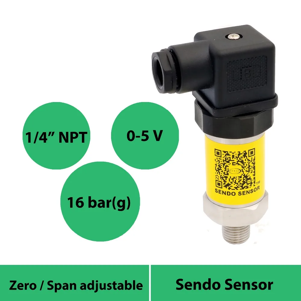 

diffuse silicon pressure sensor 0 to 5v, 3 wires output, 0 1.6 MPa, 16 bar gauge, 1 4 NPT, power supply 24vdc, amplified signal