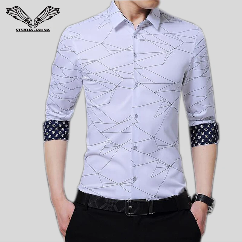 

VISADA JAUNA 2017 New Arrival Men Shirts Casual Male Dress Long Sleeve Printing Shirt Slim Fit Camisa Social Masculina 5XL N1371