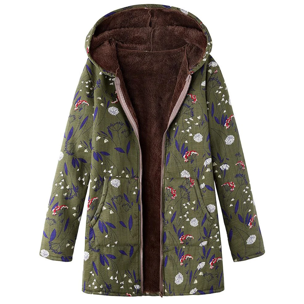 5XL Big Size Floral Printed Jacket Women Vintage Plush Hooded Zipper Long Sleeve Coat Winter Autumn Womens Jackets And Coats