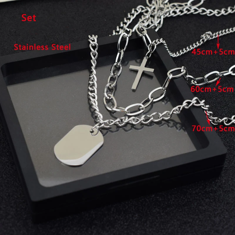 Stainless Steel Three Layer Necklace Set Cross Pendant Chain Necklaces Fashion Women Men Punk Rock Street Jewelry Sweater Choker - Окраска металла: Set