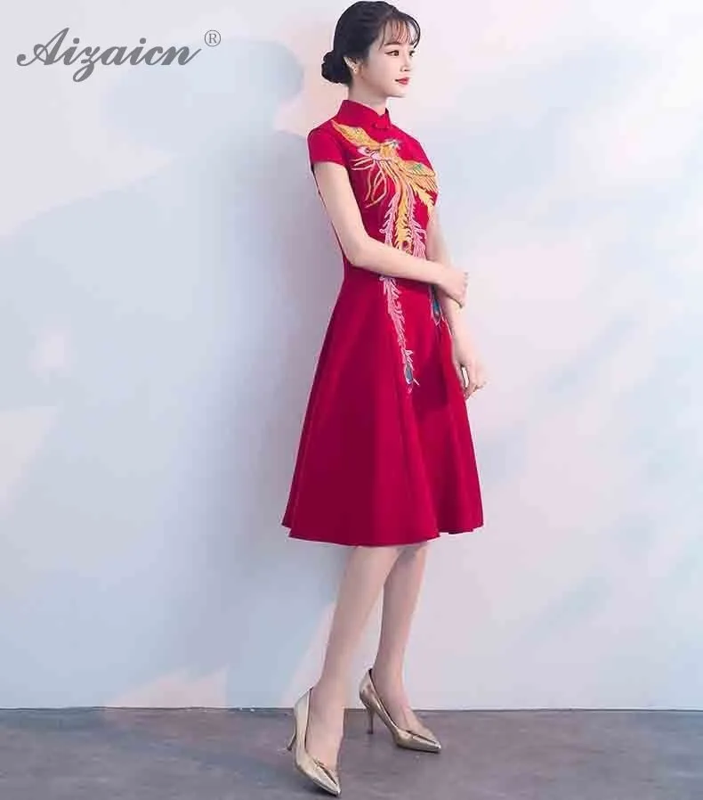 Мода 2019 Красные Длинные Cheongsam вышивка феникс Qipao платья для женщин для Китайский традиционный свадебный платье ориентированное стиль