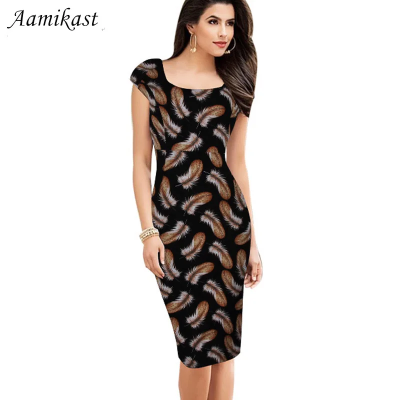 

Feather Printing Square Collar Women Dresses Summer Sheath Vintage Dress Sleeveless Sexy Bodycon Vestdio