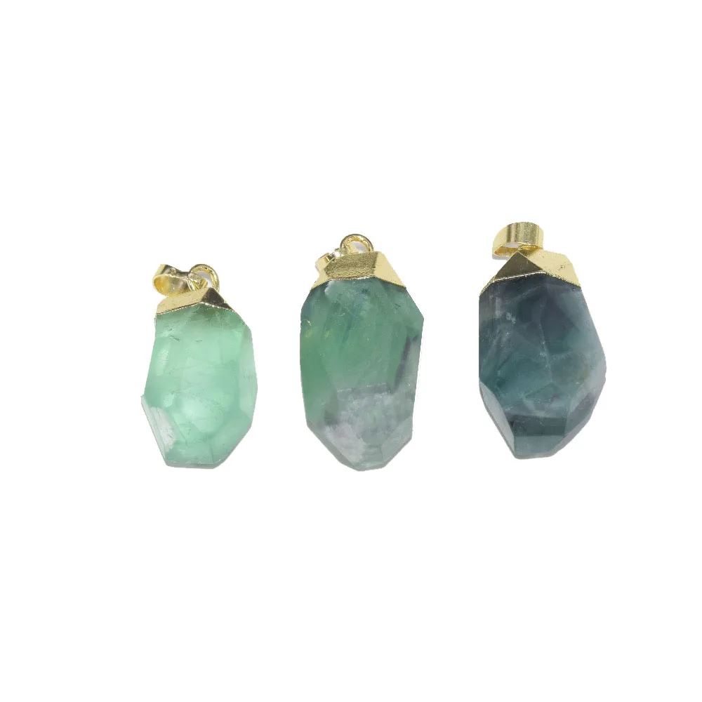 

5pc Gold Plating Top Faceted Natural green fluorite point pendant girl rainbow gem stone bullet pendant for women jewelry gift