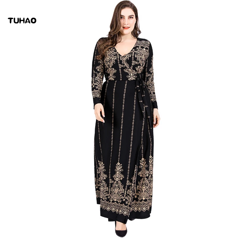 

TUHAO Autumn Office Lady Vintage Maxi Long Elegant Women's Dresses Plus Size 6XL 5XL RETRO Print Bohemian Muslim Dress SJ01
