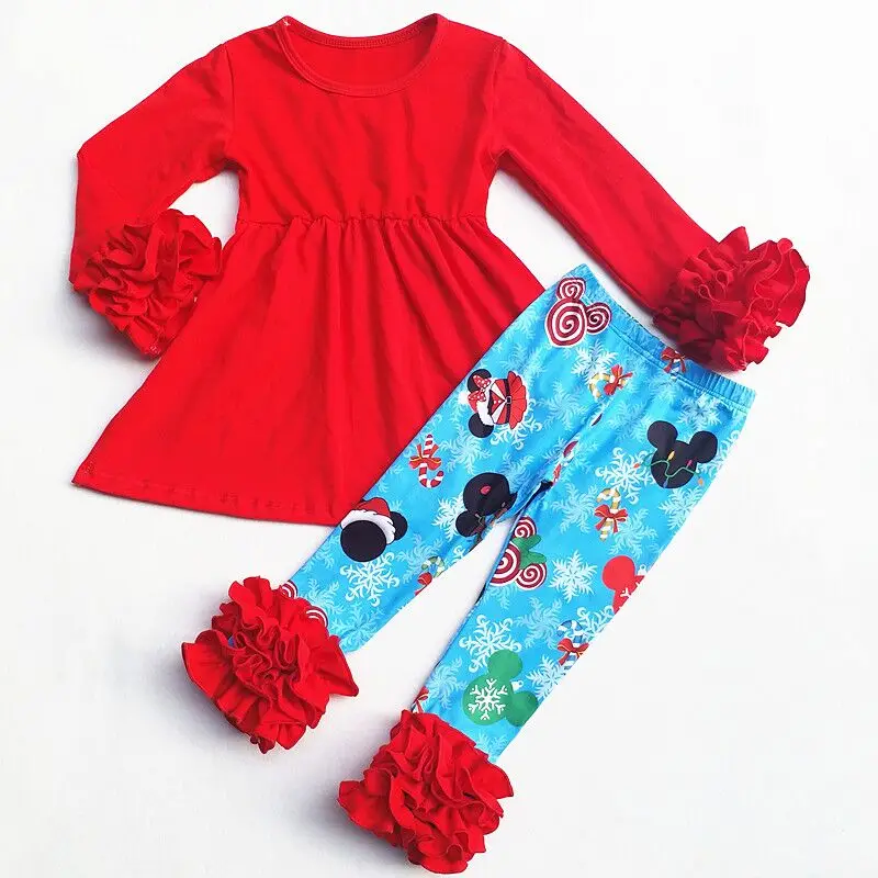 

2018 Hot sale Mickey fall Winter Outfit Baby Clothes Festival Girls Red Ruffle Sets Boutique Christmas Girls Outfits