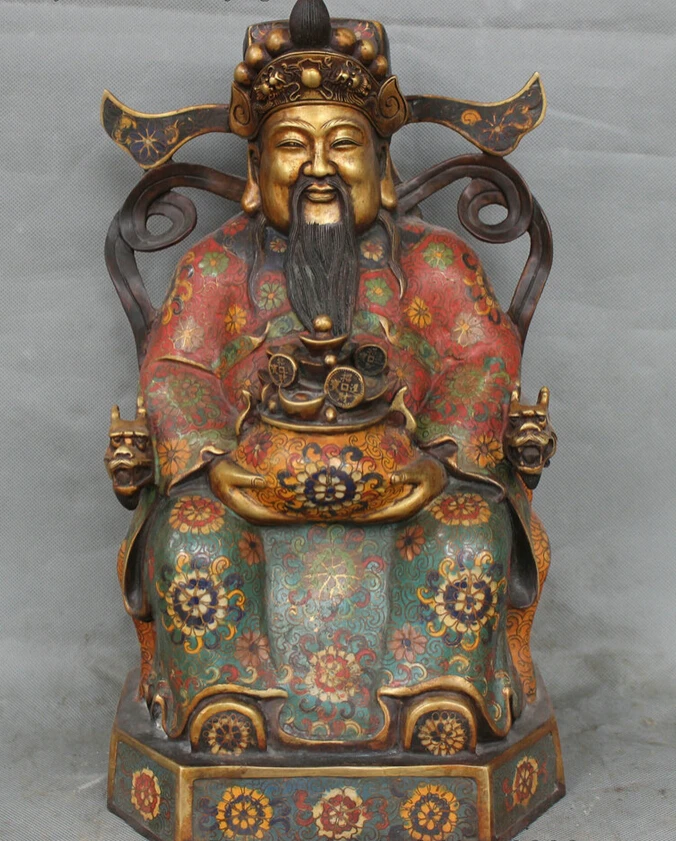 

USPS to USA S1808 16" Chinese Cloisonne Bronze 24K Gold Wealth Coin Bowl Dragon Mammon God Statue (B0413)