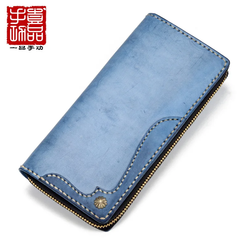

Imported fog wax cowhide wallet long Italian leather zipper bag Wipe wax Takahashi Wind Retro simple money clip