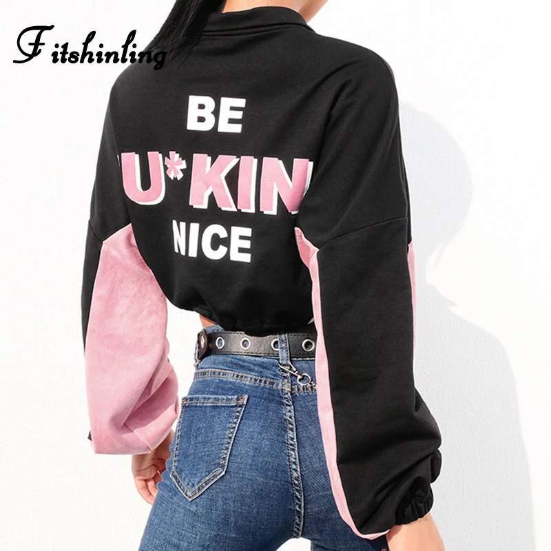 

Fitshinling 2019 Autumn Short Jackets Women Letter Print Patchwork Cropped Coat Female Long Sleeve Harajuku Streetwear Jackets